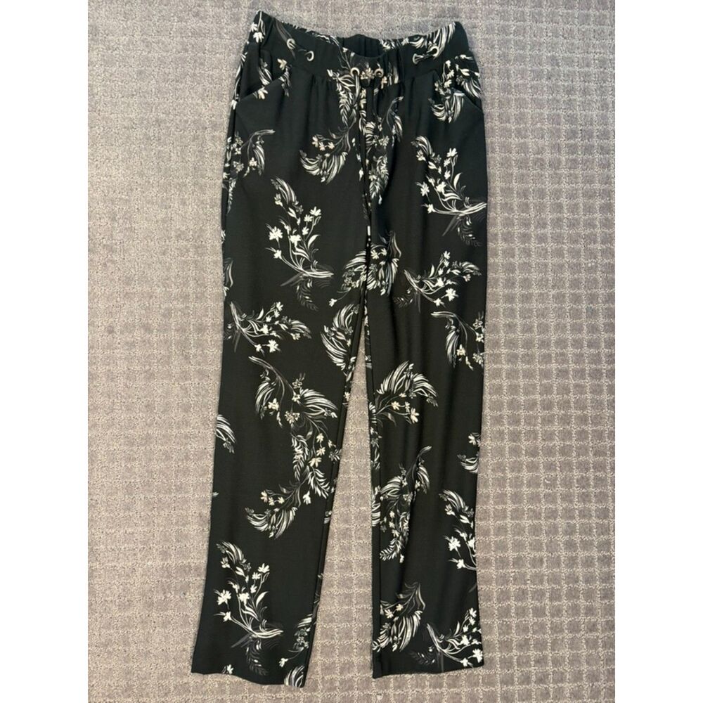 Lysse Drawstring waist black floral pants size S white design